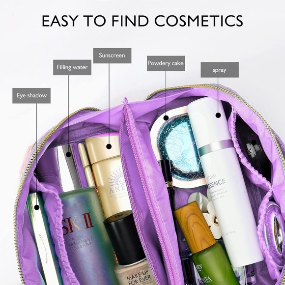 Women Chenille Letter Open Flat Nylon Stuff Makeup Travel Cosmetic Bag Purple - Picture 4 of 9